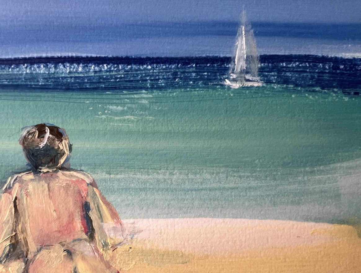 Detail of Nudist Beach Sea painting by Marina Stognieva, nude figure on sand by the sea